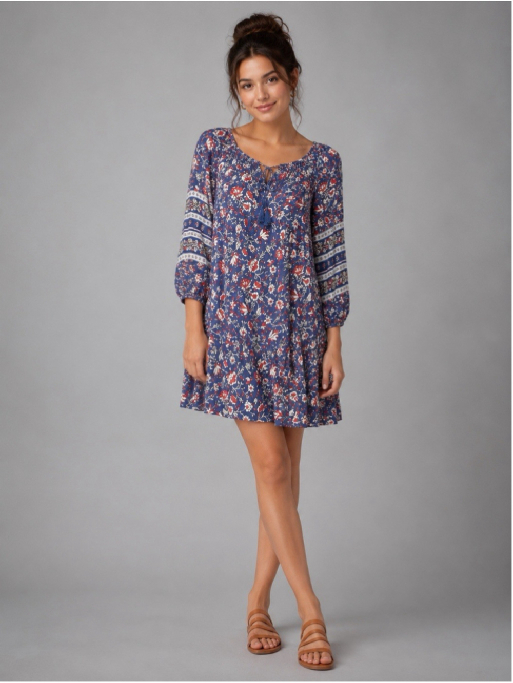 Old Navy Blue Floral Mini Dress XS Rayon Bell Sleeve Lined Tassel Tie